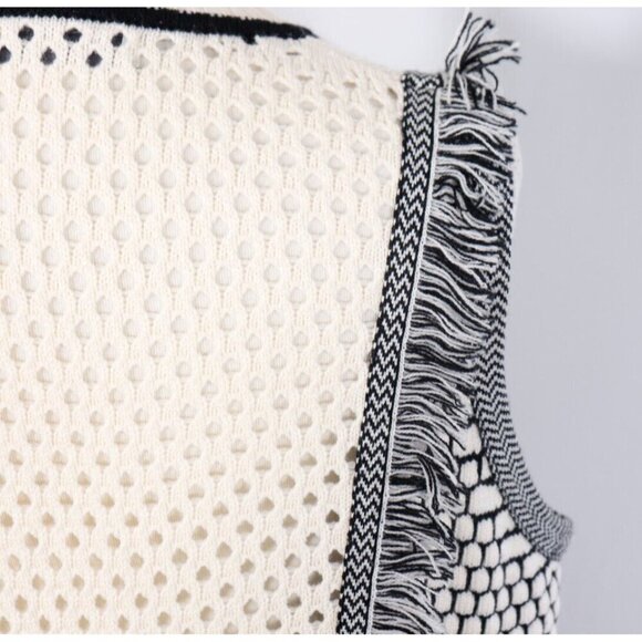 Three Floor Women's M Black White Perforated and Fringed Knitted Shift Dress - Picture 5 of 11